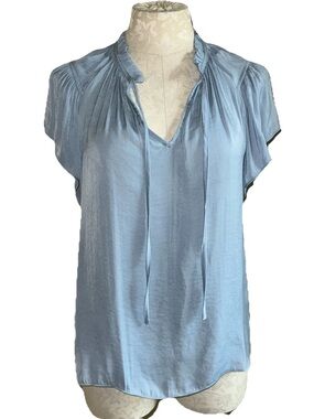 Maison d’Amélie Light Blue Satin Ruffle Tie Neck Flutter Sleeve Blouse Size XS